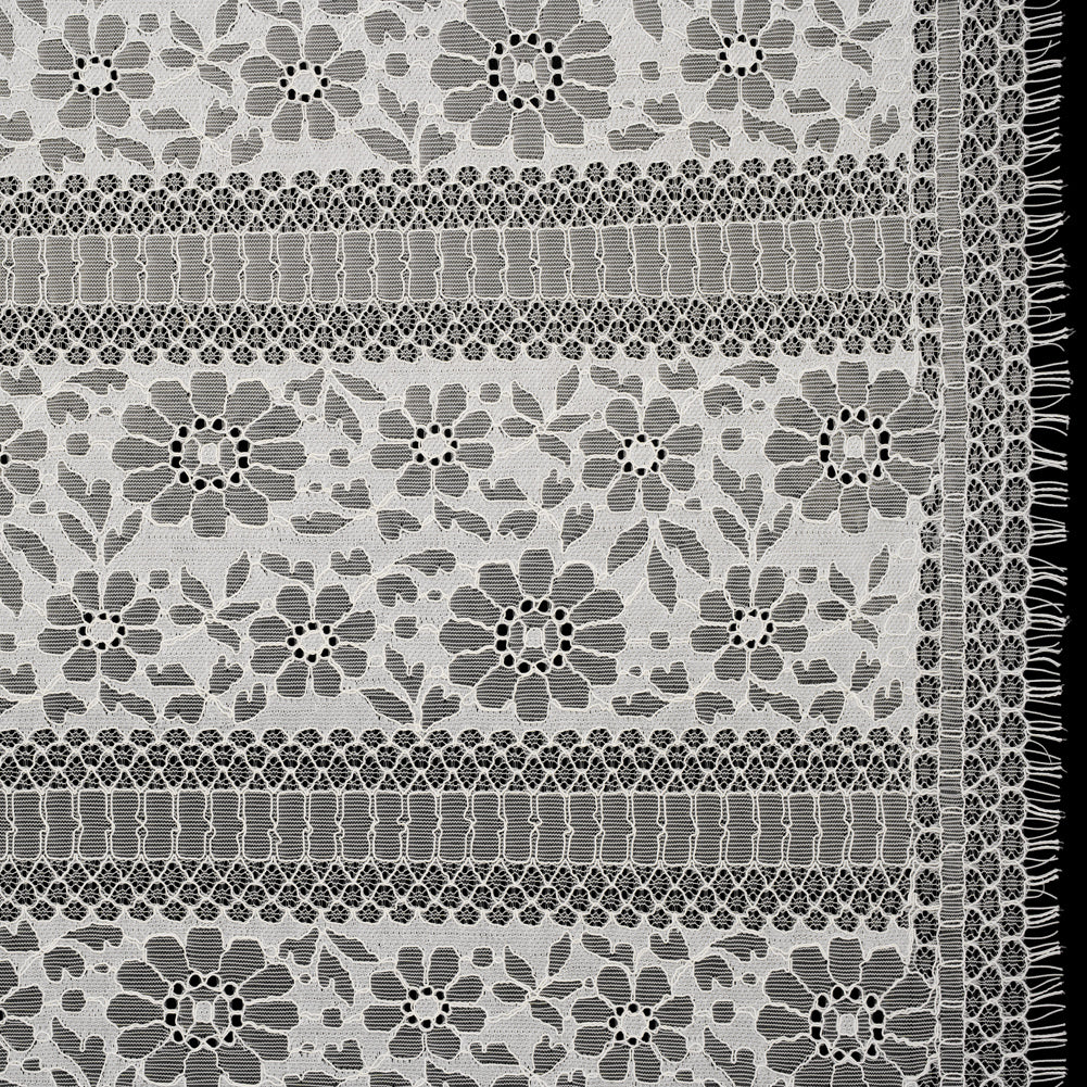Corded Lace with Eyelash Fringe Edges - Ivory Floral and Geometric Stripes Corded Lace with Eyelash Fringe Edges - Ivory Floral and Geometric Stripes