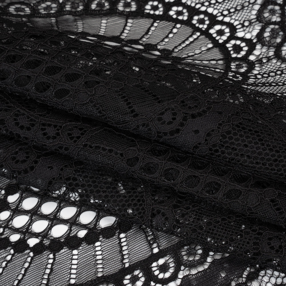 Corded Lace with Scalloped Fringe Edges - Black Geometric Lozenges Corded Lace with Scalloped Fringe Edges - Black Geometric Lozenges