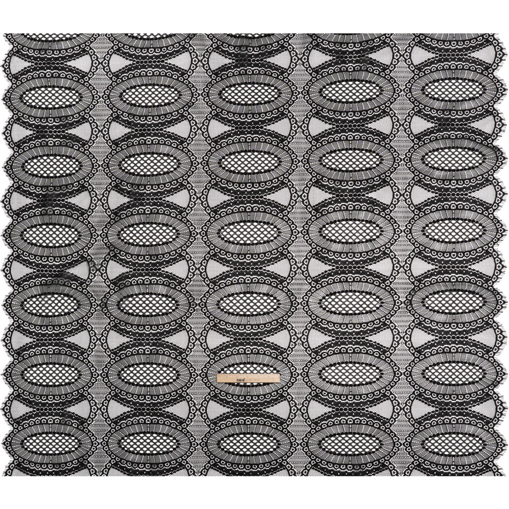 Corded Lace with Scalloped Fringe Edges - Black Geometric Lozenges Corded Lace with Scalloped Fringe Edges - Black Geometric Lozenges