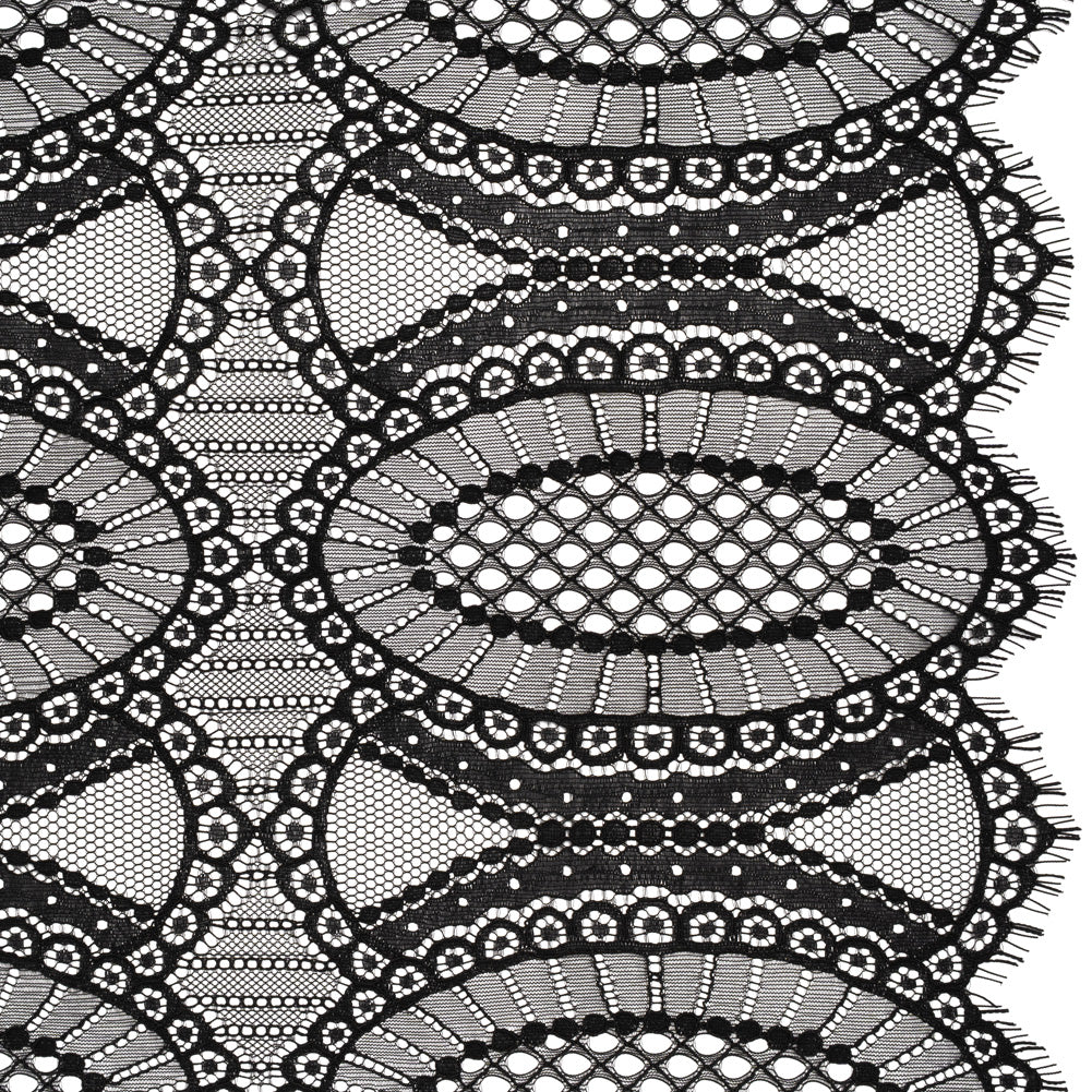 Corded Lace with Scalloped Fringe Edges - Black Geometric Lozenges Corded Lace with Scalloped Fringe Edges - Black Geometric Lozenges