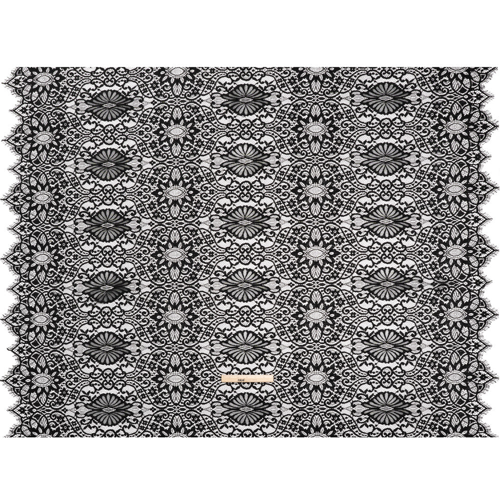 Corded Lace with Finished Edges - Black Fanciful Floral Ogees Corded Lace with Finished Edges - Black Fanciful Floral Ogees