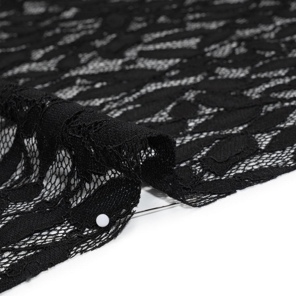 Corded Lace Panel with Finished Scalloped Edges - Black Leafy Stems Detail Corded Lace Panel with Finished Scalloped Edges - Black Leafy Stems Detail