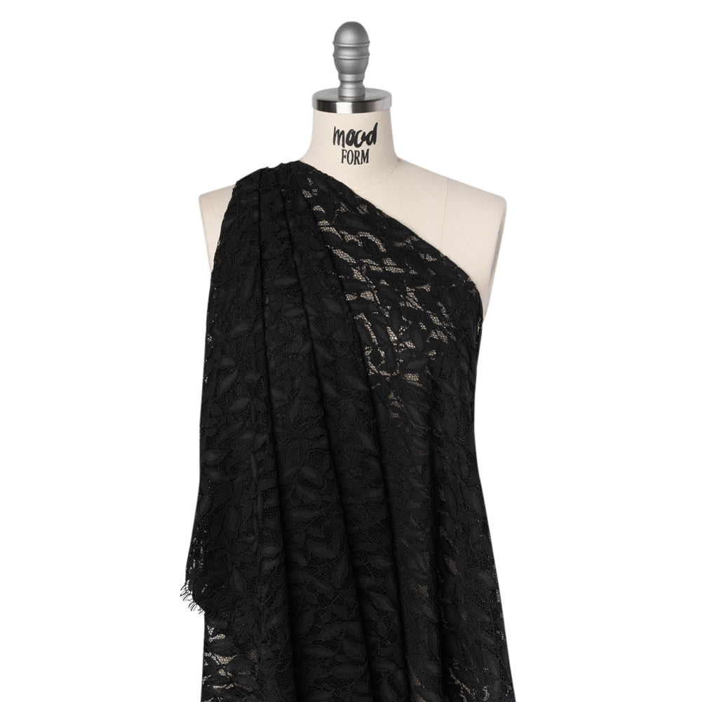 Corded Lace Panel with Finished Scalloped Edges - Black Leafy Stems Drape Corded Lace Panel with Finished Scalloped Edges - Black Leafy Stems Drape