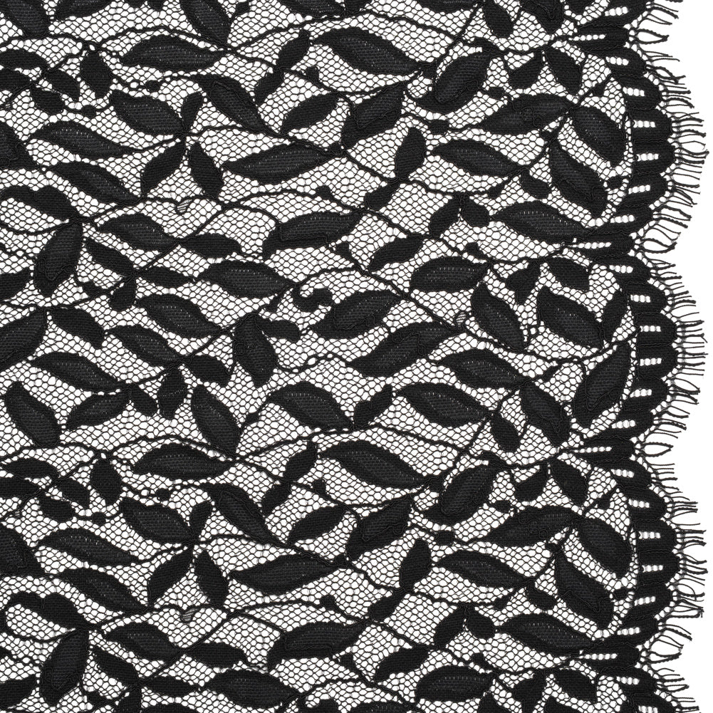 Corded Lace Panel with Finished Scalloped Edges - Black Leafy Stems Corded Lace Panel with Finished Scalloped Edges - Black Leafy Stems