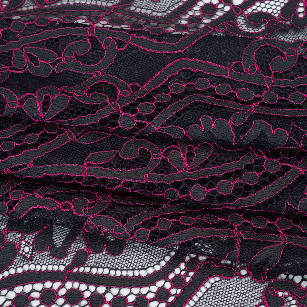Corded Lace Panel with Finished Edges - Blue and Raspberry Rose Flowers, Dots and Wavy Lines - Folded Corded Lace Panel with Finished Edges - Blue and Raspberry Rose Flowers, Dots and Wavy Lines - Folded