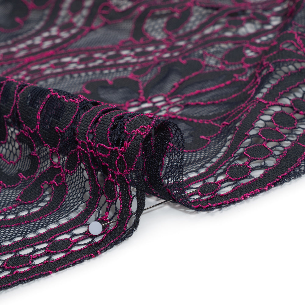 Corded Lace Panel with Finished Edges - Blue and Raspberry Rose Flowers, Dots and Wavy Lines - Detail Corded Lace Panel with Finished Edges - Blue and Raspberry Rose Flowers, Dots and Wavy Lines - Detail
