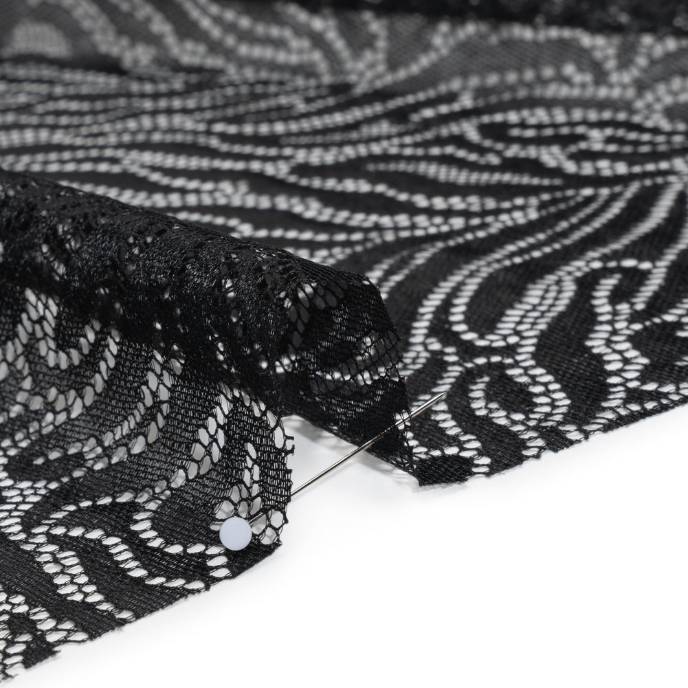 Fine Raschel Lace with Wavy Finished Edges - Black Abstracted Leaves Detail Fine Raschel Lace with Wavy Finished Edges - Black Abstracted Leaves Detail