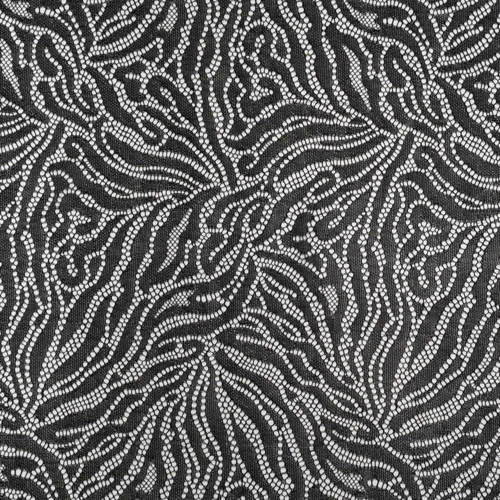 Fine Raschel Lace with Wavy Finished Edges - Black Abstracted Leaves Fine Raschel Lace with Wavy Finished Edges - Black Abstracted Leaves