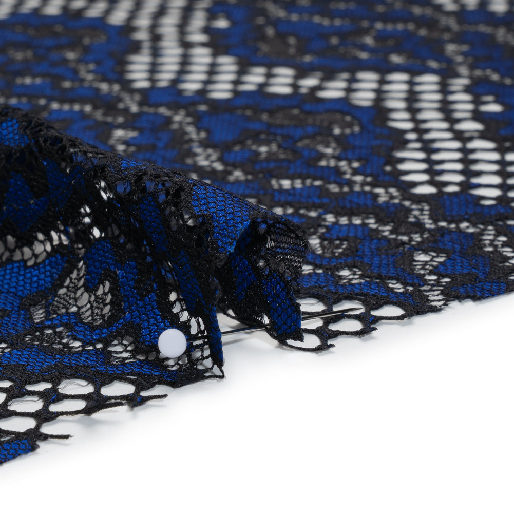 Raschel Lace with Organic Finished Edges - Black and Surf Blue Abstract Wavy Stripes - Detail Raschel Lace with Organic Finished Edges - Black and Surf Blue Abstract Wavy Stripes - Detail