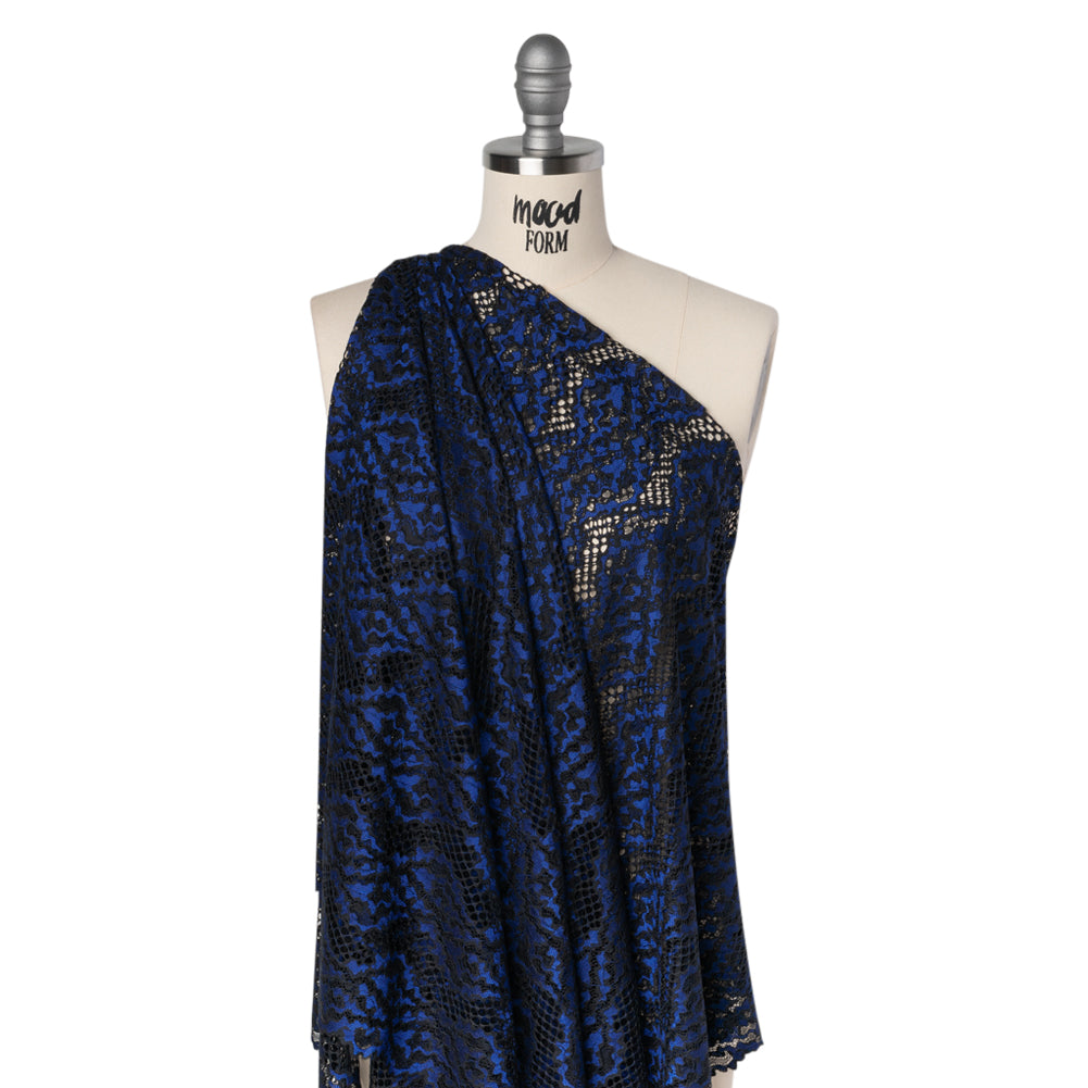 Raschel Lace with Organic Finished Edges - Black and Surf Blue Abstract Wavy Stripes - Drape Raschel Lace with Organic Finished Edges - Black and Surf Blue Abstract Wavy Stripes - Drape