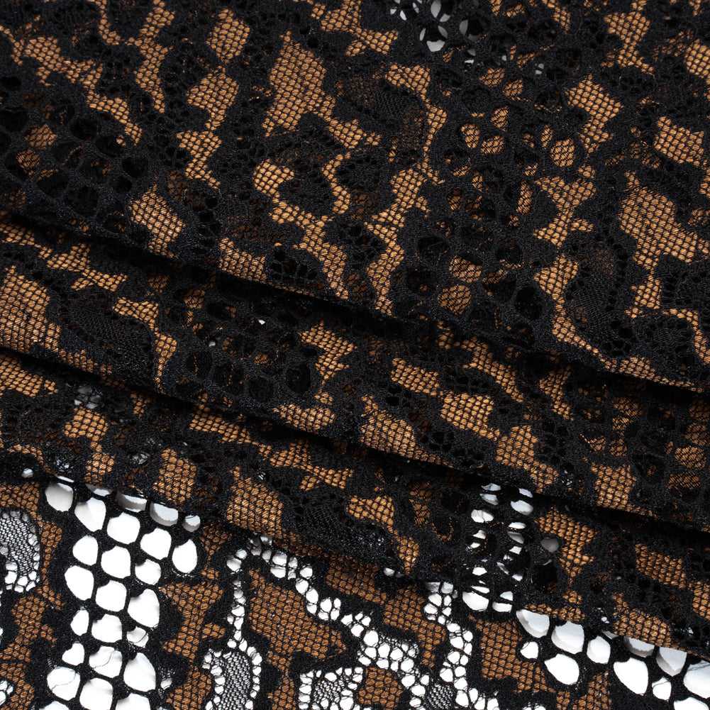 Raschel Lace with Organic Finished Edges - Black and Nude Abstract Wavy Stripes Raschel Lace with Organic Finished Edges - Black and Nude Abstract Wavy Stripes