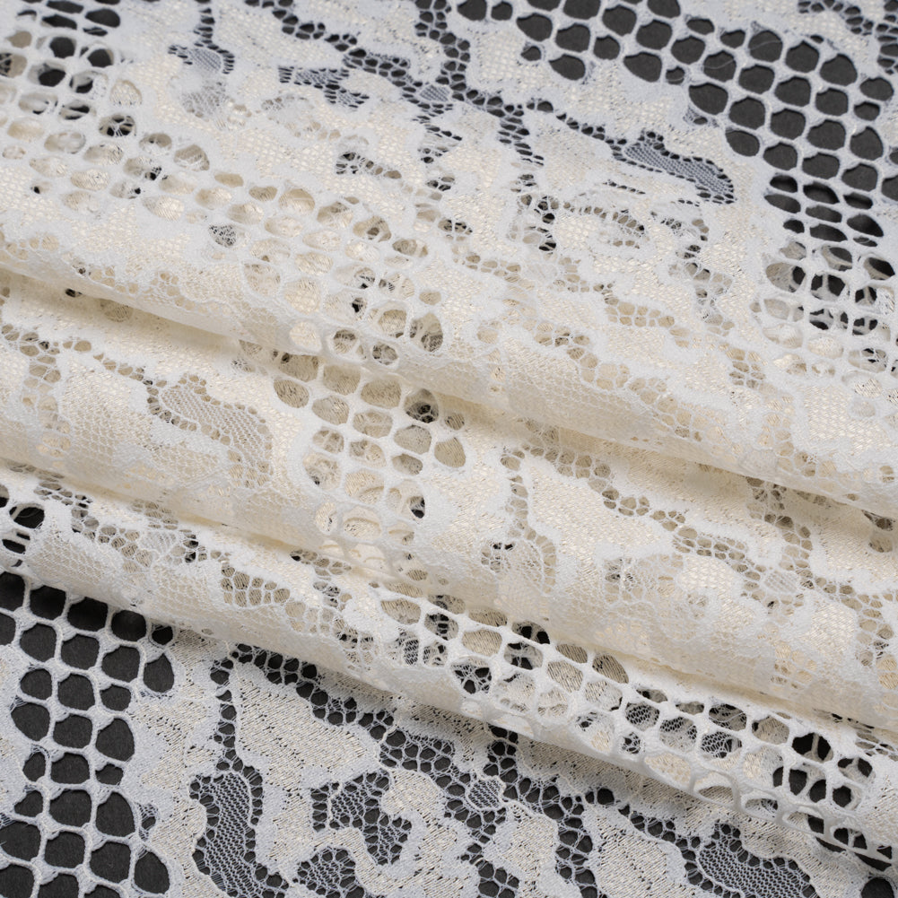 Raschel Lace with Organic Finished Edges - Ivory Abstract Wavy Stripes - Folded Raschel Lace with Organic Finished Edges - Ivory Abstract Wavy Stripes - Folded