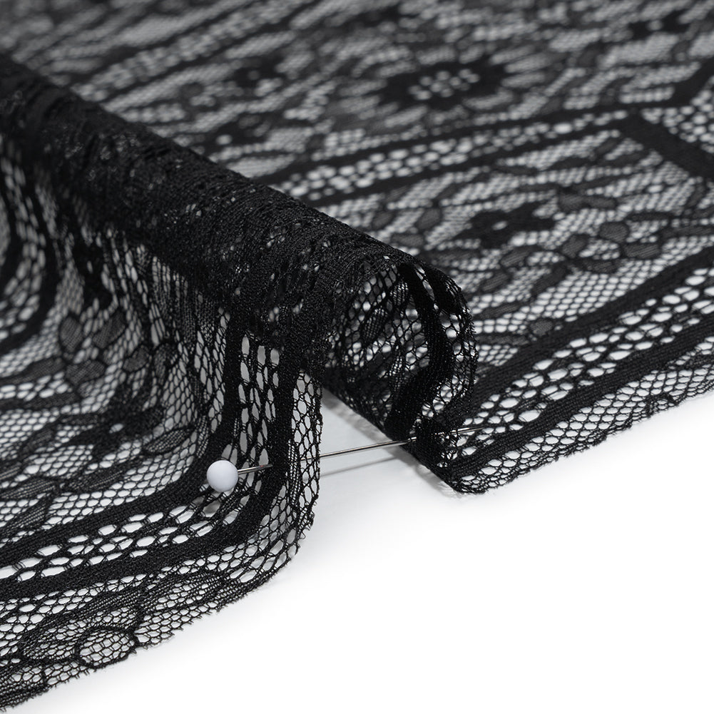 Raschel Lace Panel with Finished Edges - Black Geometric and Floral Raschel Lace Panel with Finished Edges - Black Geometric and Floral