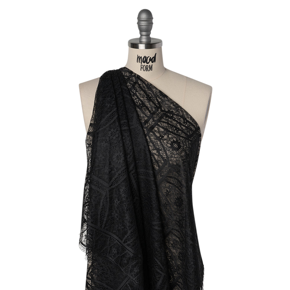 Raschel Lace Panel with Finished Edges - Black Geometric and Floral Raschel Lace Panel with Finished Edges - Black Geometric and Floral