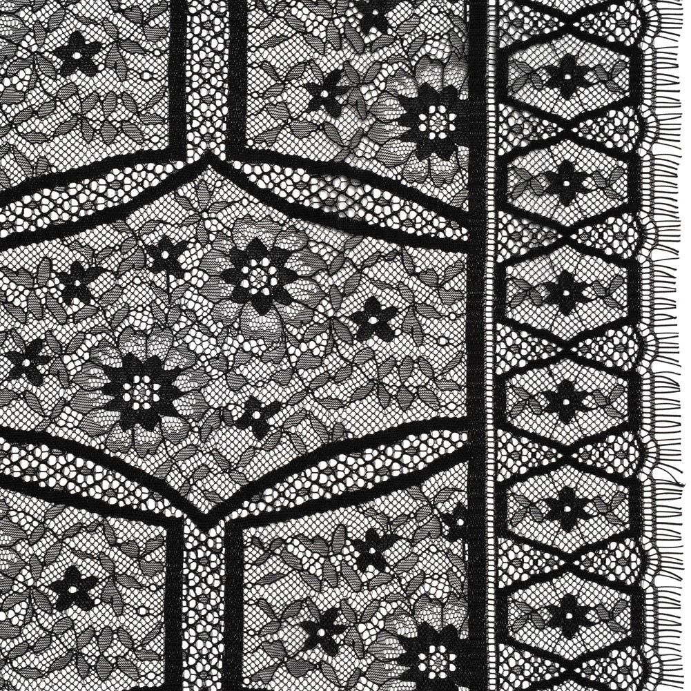 Raschel Lace Panel with Finished Edges - Black Geometric and Floral Raschel Lace Panel with Finished Edges - Black Geometric and Floral