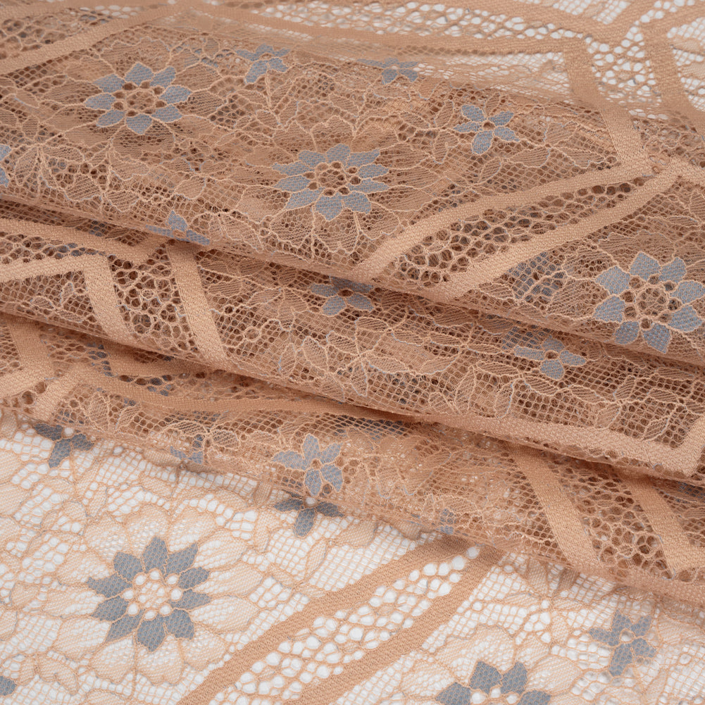 Raschel Lace Panel with Finished Edges - Sand and Steel Blue Geometric and Floral Raschel Lace Panel with Finished Edges - Sand and Steel Blue Geometric and Floral