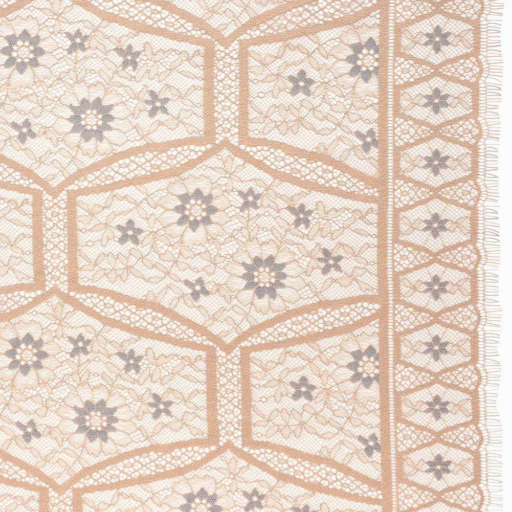Raschel Lace Panel with Finished Edges - Sand and Steel Blue Geometric and Floral Raschel Lace Panel with Finished Edges - Sand and Steel Blue Geometric and Floral