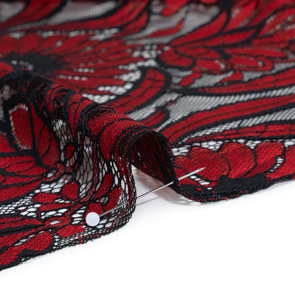 Raschel Lace Panel with Finished Edges - Black and Red Bold Daisies and Leaves Raschel Lace Panel with Finished Edges - Black and Red Bold Daisies and Leaves