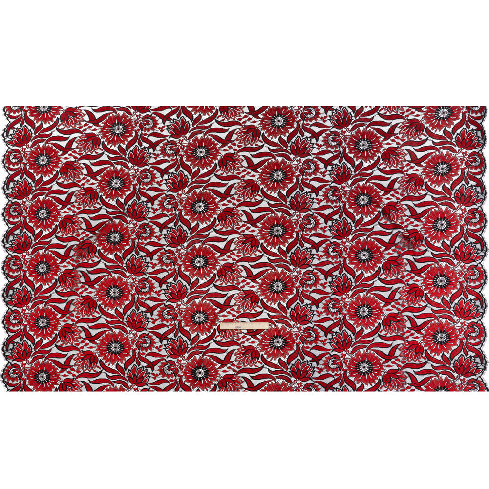 Raschel Lace Panel with Finished Edges - Black and Red Bold Daisies and Leaves Raschel Lace Panel with Finished Edges - Black and Red Bold Daisies and Leaves