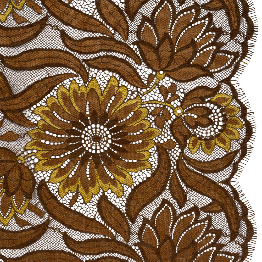 Raschel Lace Panel with Finished Edges - Chestnut, Brown, and Buttercup Bold Daisies and Leaves Raschel Lace Panel with Finished Edges - Chestnut, Brown, and Buttercup Bold Daisies and Leaves