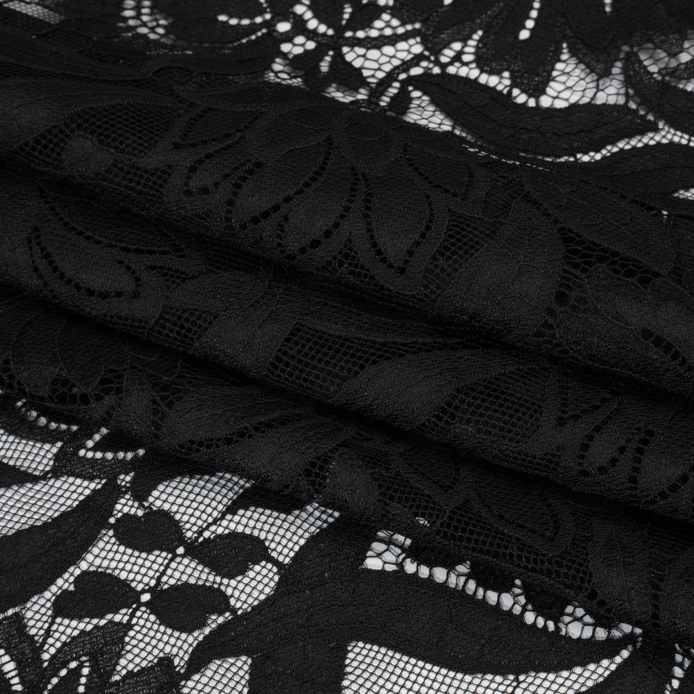 Raschel Lace Panel with Finished Edges - Black Bold Daisies and Leaves Raschel Lace Panel with Finished Edges - Black Bold Daisies and Leaves