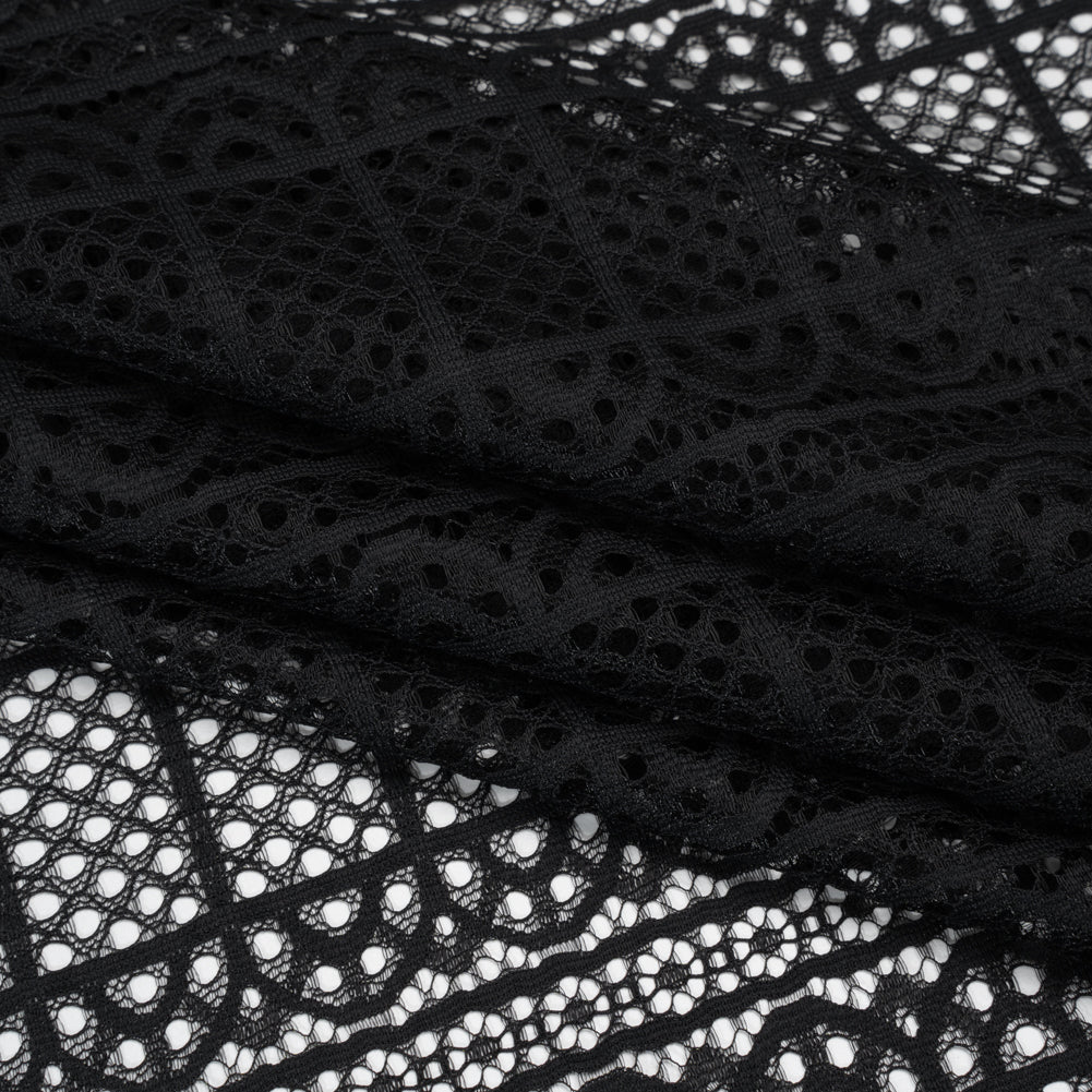 Raschel Lace Panel with Finished Edges - Black Geometric Rows of Windows - Folded Raschel Lace Panel with Finished Edges - Black Geometric Rows of Windows - Folded