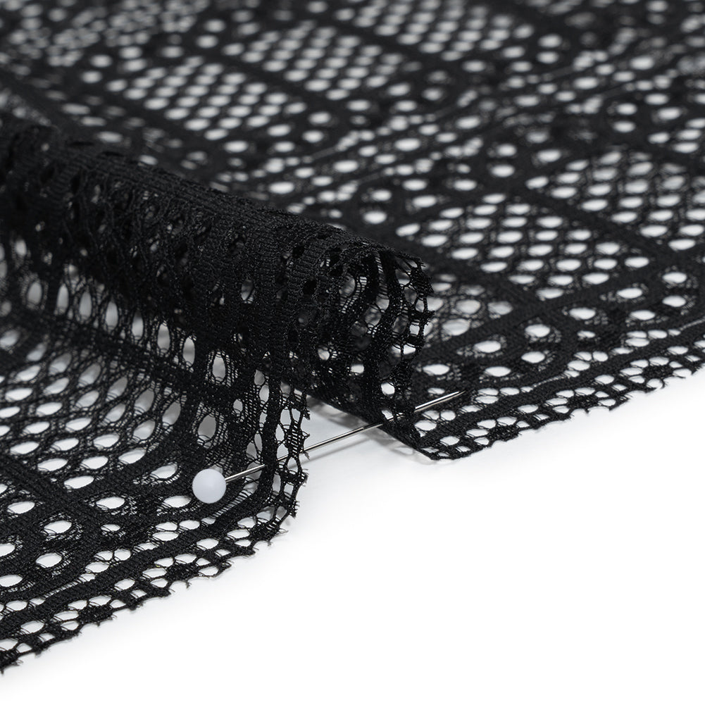 Raschel Lace Panel with Finished Edges - Black Geometric Rows of Windows - Detail Raschel Lace Panel with Finished Edges - Black Geometric Rows of Windows - Detail