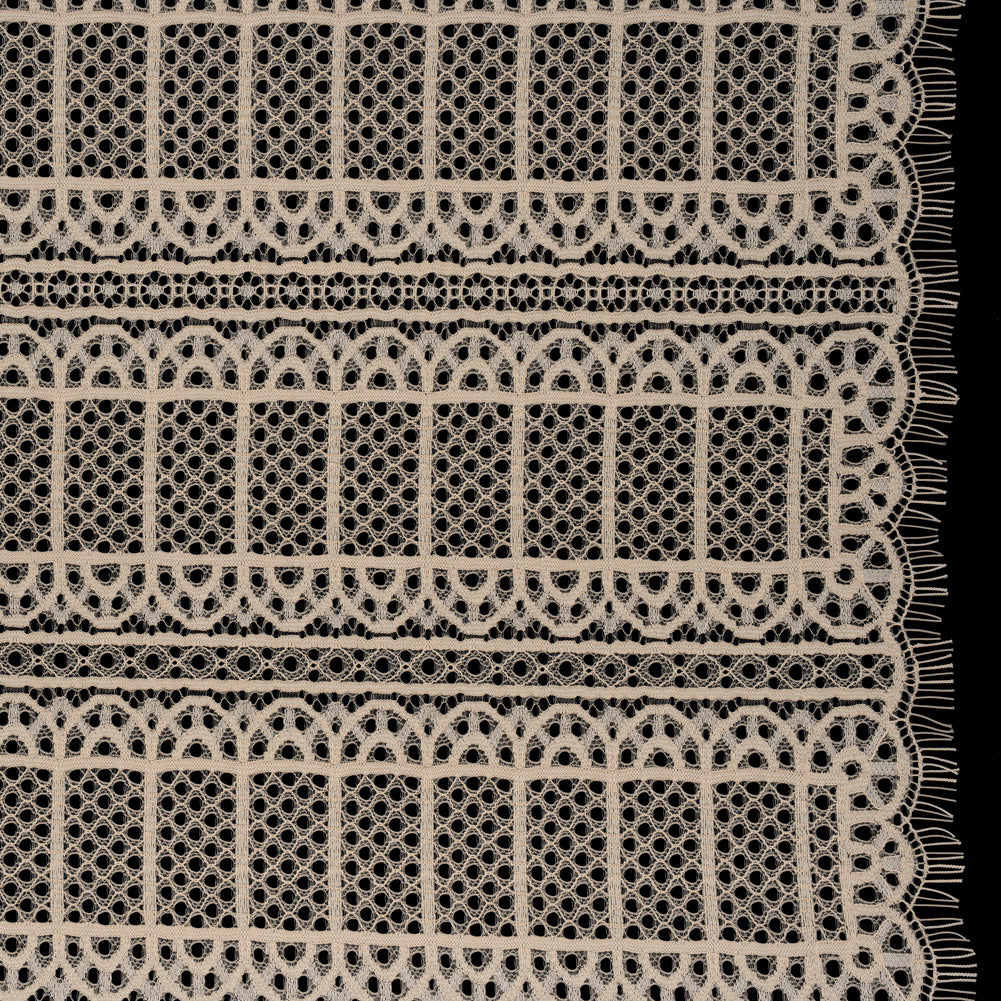 Raschel Lace Panel with Finished Edges - Tea Stain Geometric Rows of Windows Raschel Lace Panel with Finished Edges - Tea Stain Geometric Rows of Windows