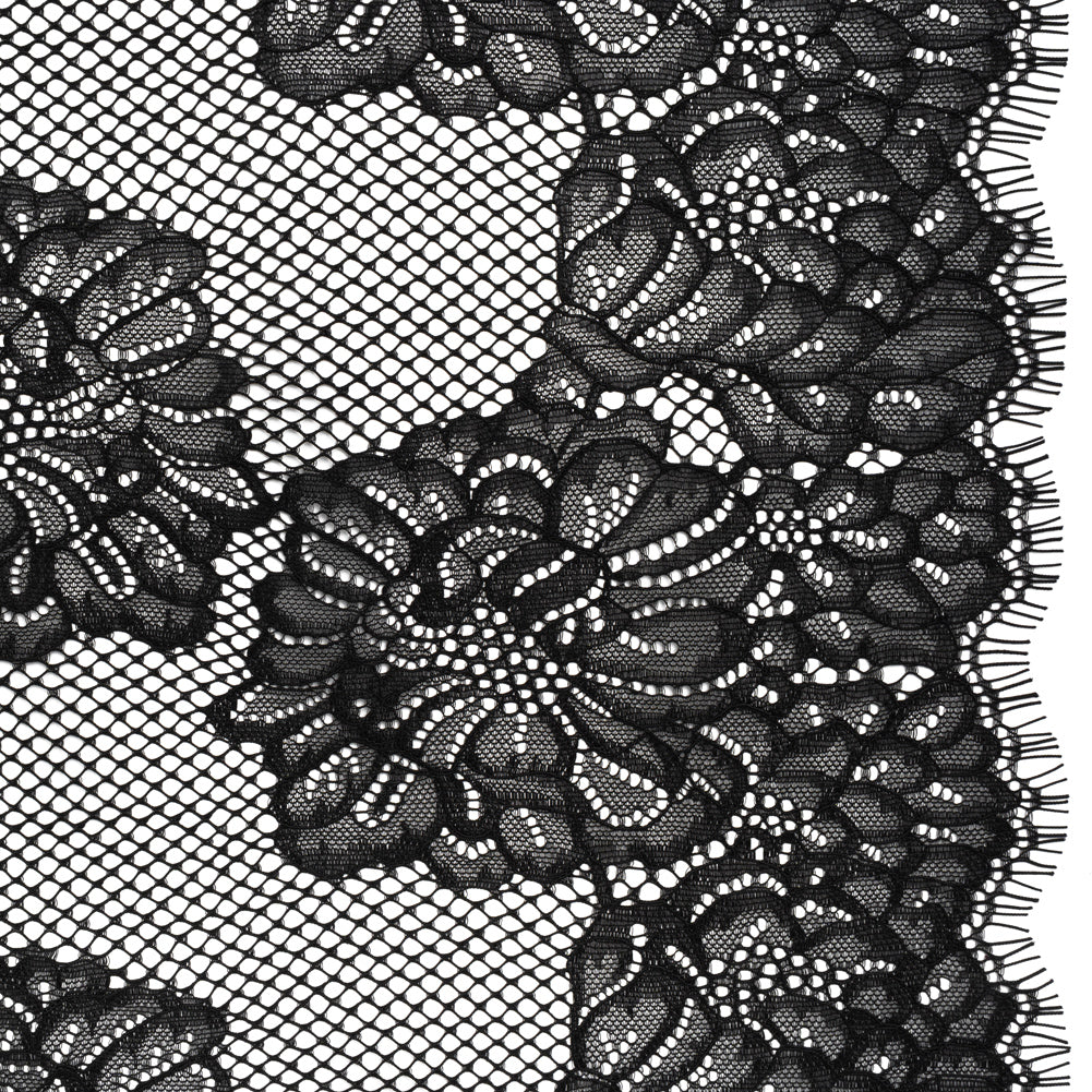 Corded Raschel Lace Panel with Finished Edges - Black Big Flowers on Diamond Net Corded Raschel Lace Panel with Finished Edges - Black Big Flowers on Diamond Net
