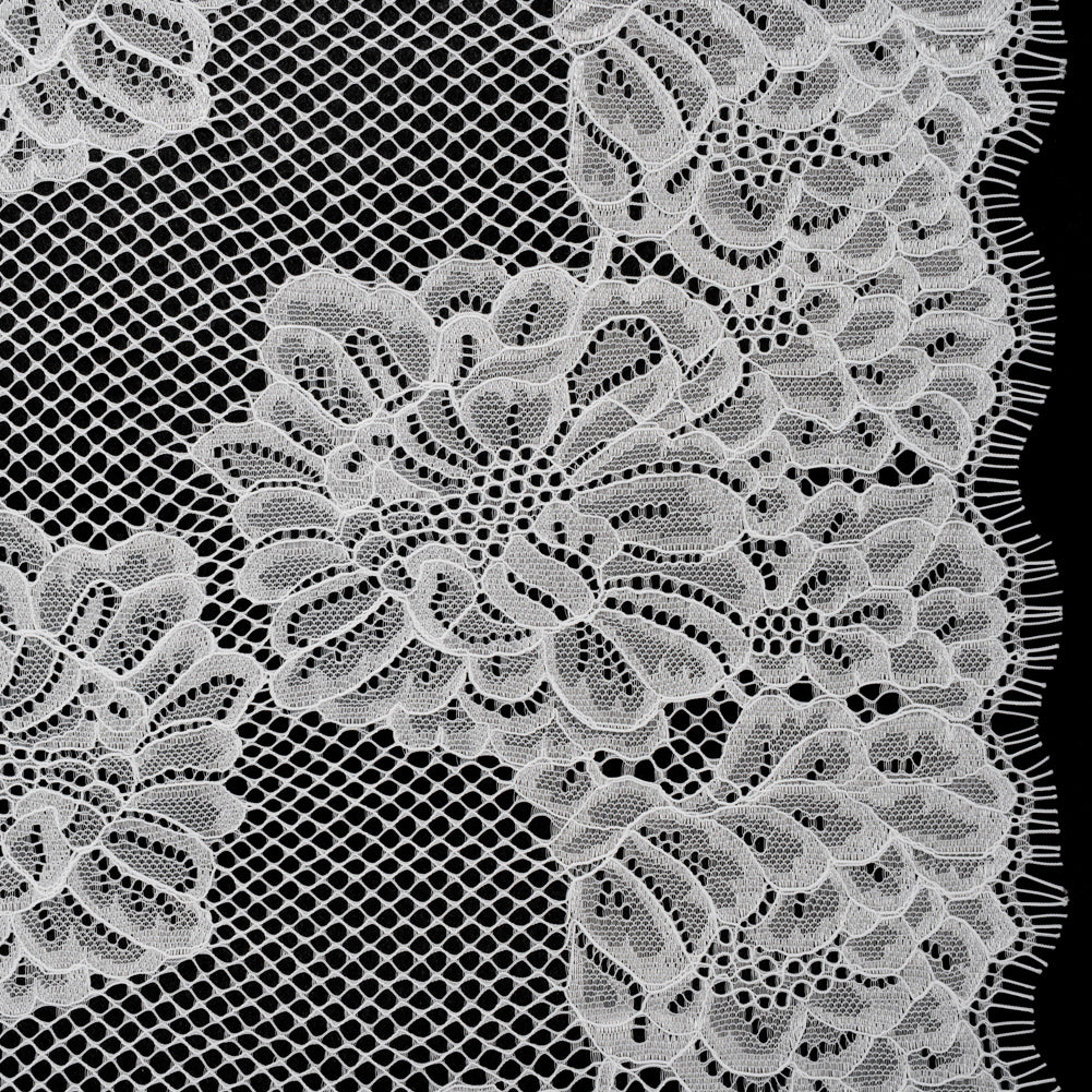 Corded Raschel Lace Panel with Finished Edges - Ivory Big Flowers on Diamond Net Corded Raschel Lace Panel with Finished Edges - Ivory Big Flowers on Diamond Net