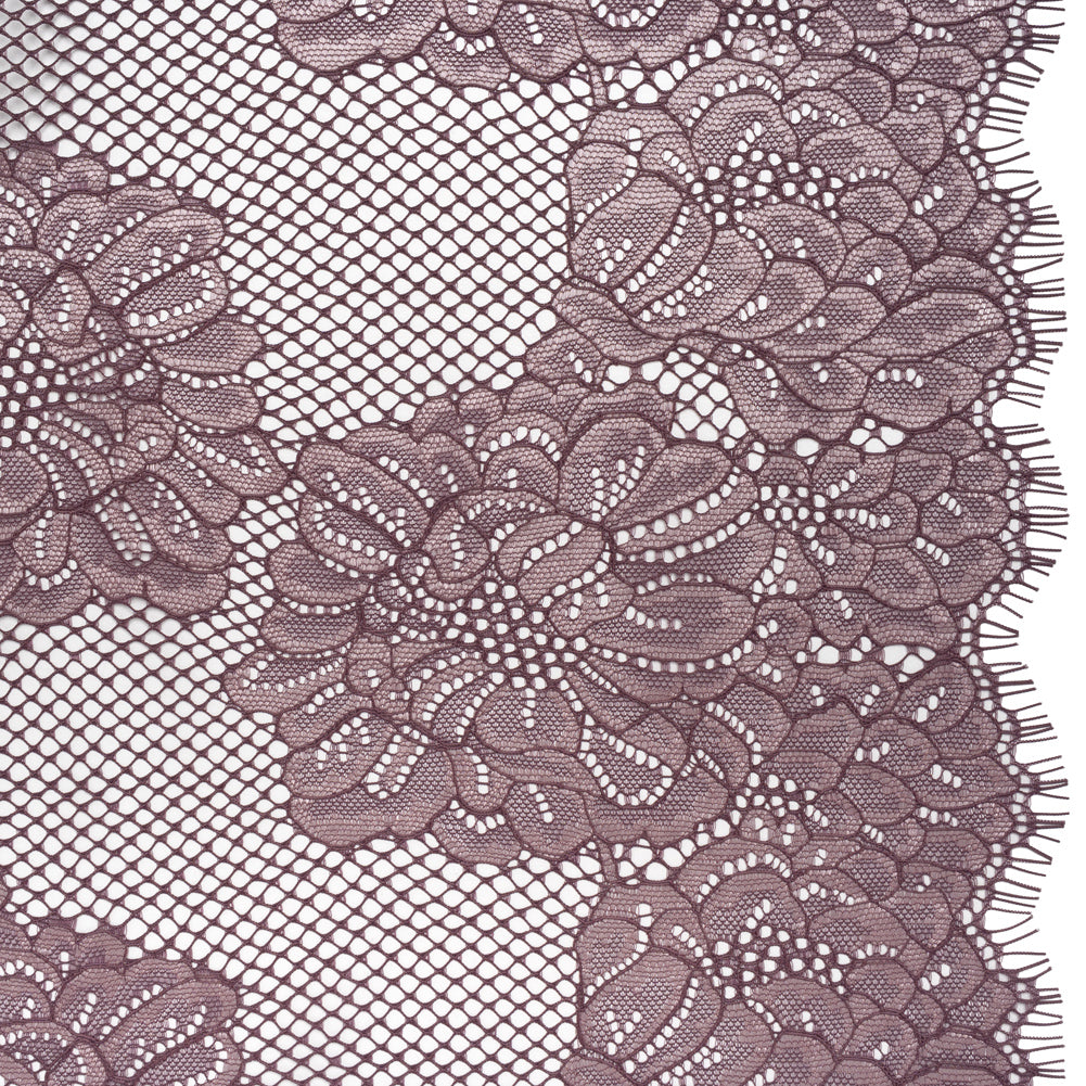 Corded Raschel Lace Panel with Finished Edges - Plum and Burnished Lilac Big Flowers on Diamond Net Corded Raschel Lace Panel with Finished Edges - Plum and Burnished Lilac Big Flowers on Diamond Net