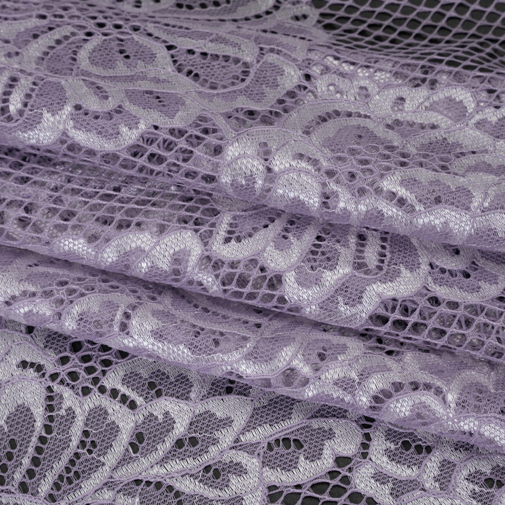 Corded Raschel Lace Panel with Finished Edges - Lavender and Ivory Big Flowers on Diamond Net Corded Raschel Lace Panel with Finished Edges - Lavender and Ivory Big Flowers on Diamond Net