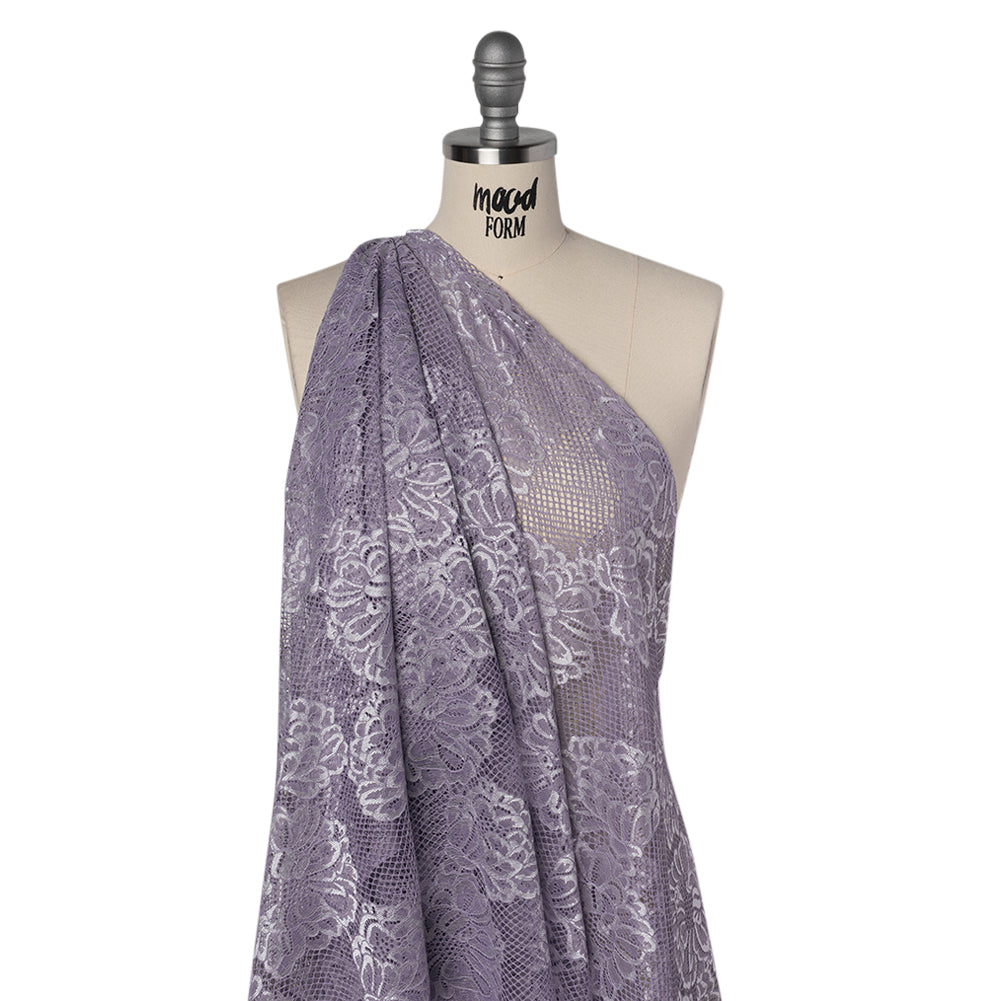 Corded Raschel Lace Panel with Finished Edges - Lavender and Ivory Big Flowers on Diamond Net Corded Raschel Lace Panel with Finished Edges - Lavender and Ivory Big Flowers on Diamond Net