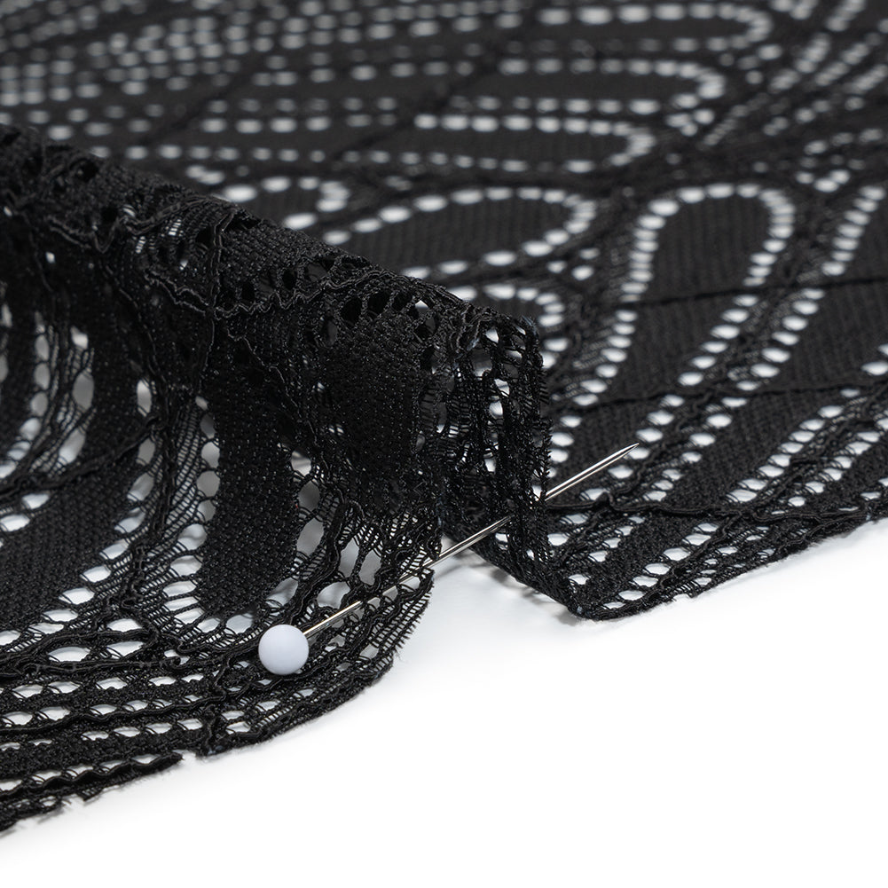 Corded Raschel Lace Panel with Finished Edges - Black Fan Palm Scallops Detail Corded Raschel Lace Panel with Finished Edges - Black Fan Palm Scallops Detail