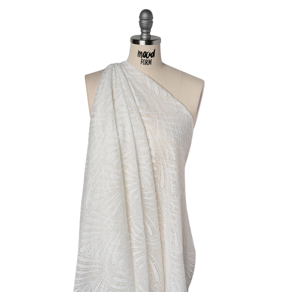 Corded Raschel Lace Panel with Finished Edges - Ivory Fan Palm Scallops - Drape Corded Raschel Lace Panel with Finished Edges - Ivory Fan Palm Scallops - Drape