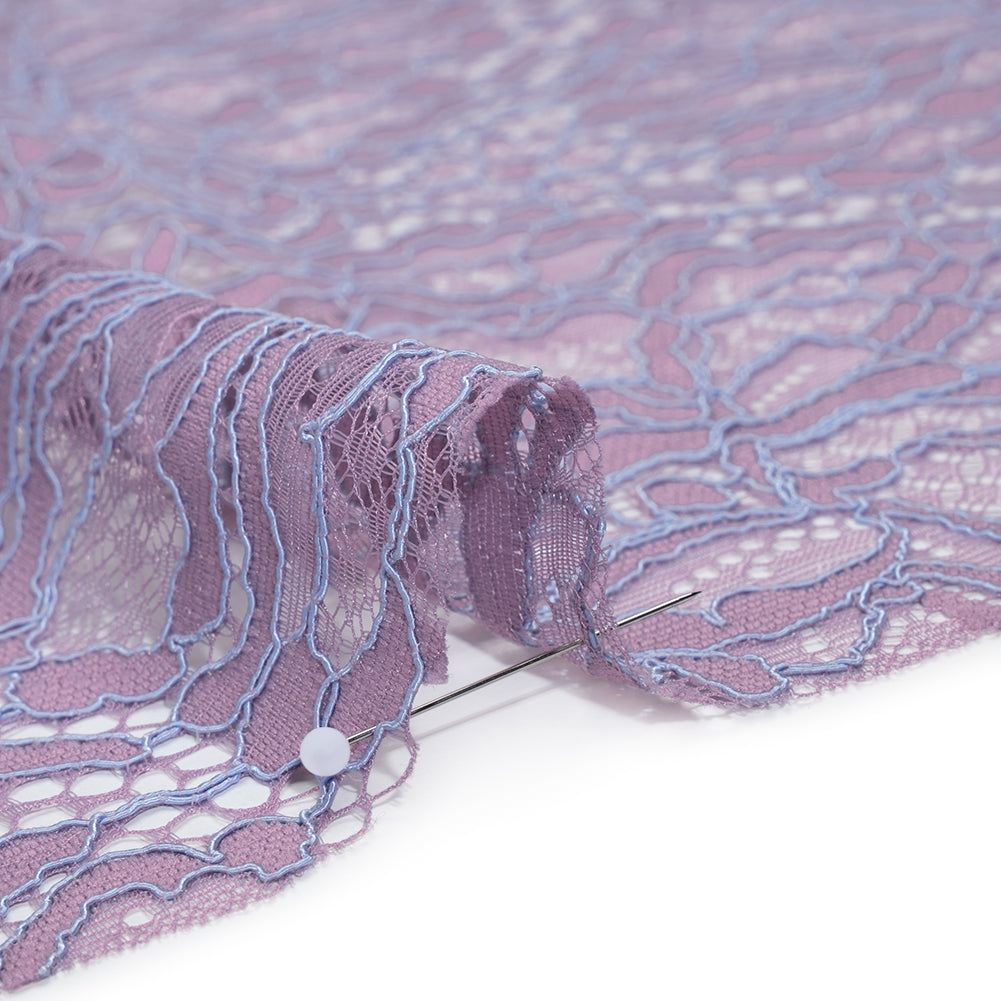 Corded Raschel Lace Panel with Finished Edges - Lavender and Sky Blue All-Over Flowers and Leaves Corded Raschel Lace Panel with Finished Edges - Lavender and Sky Blue All-Over Flowers and Leaves