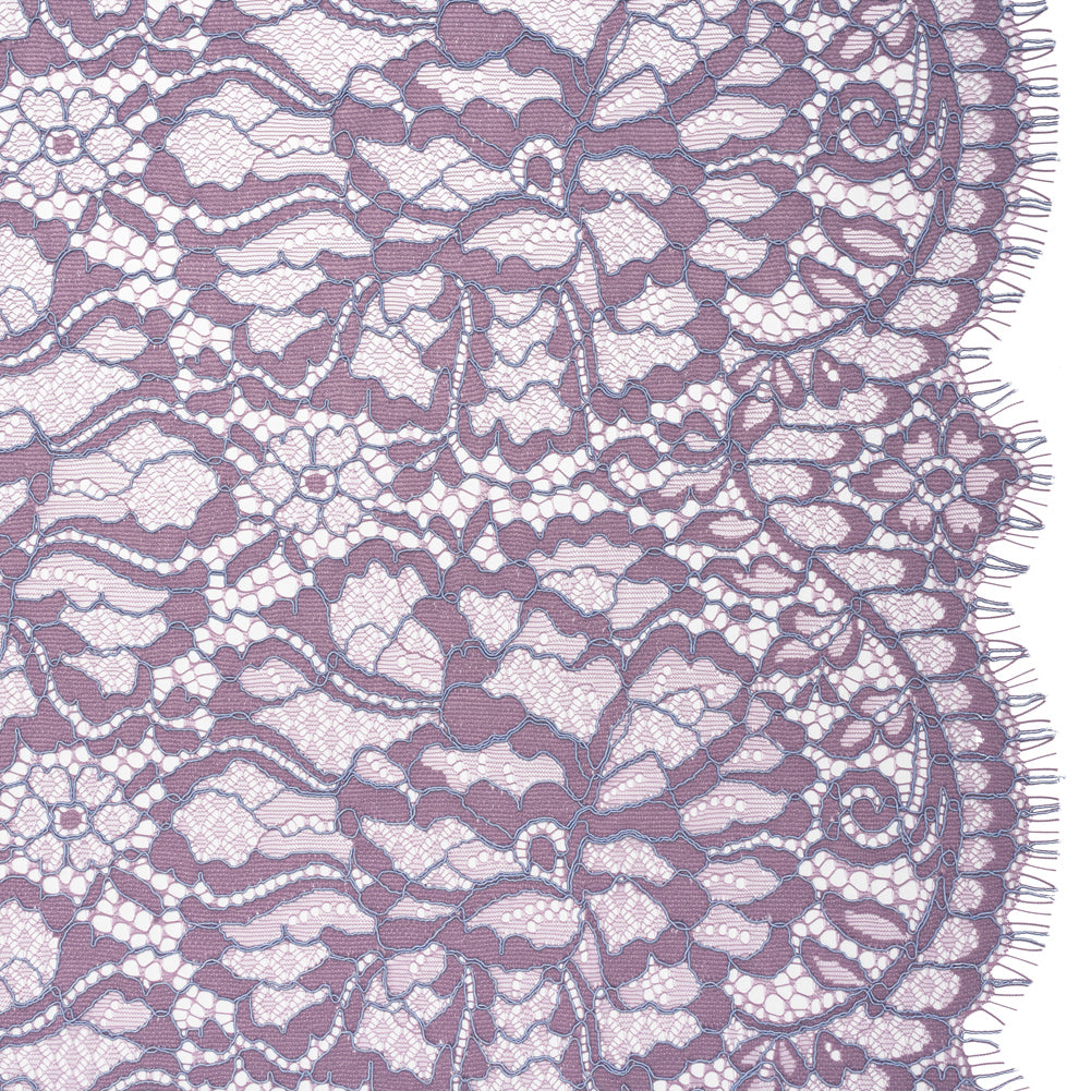 Corded Raschel Lace Panel with Finished Edges - Lavender and Sky Blue All-Over Flowers and Leaves Corded Raschel Lace Panel with Finished Edges - Lavender and Sky Blue All-Over Flowers and Leaves