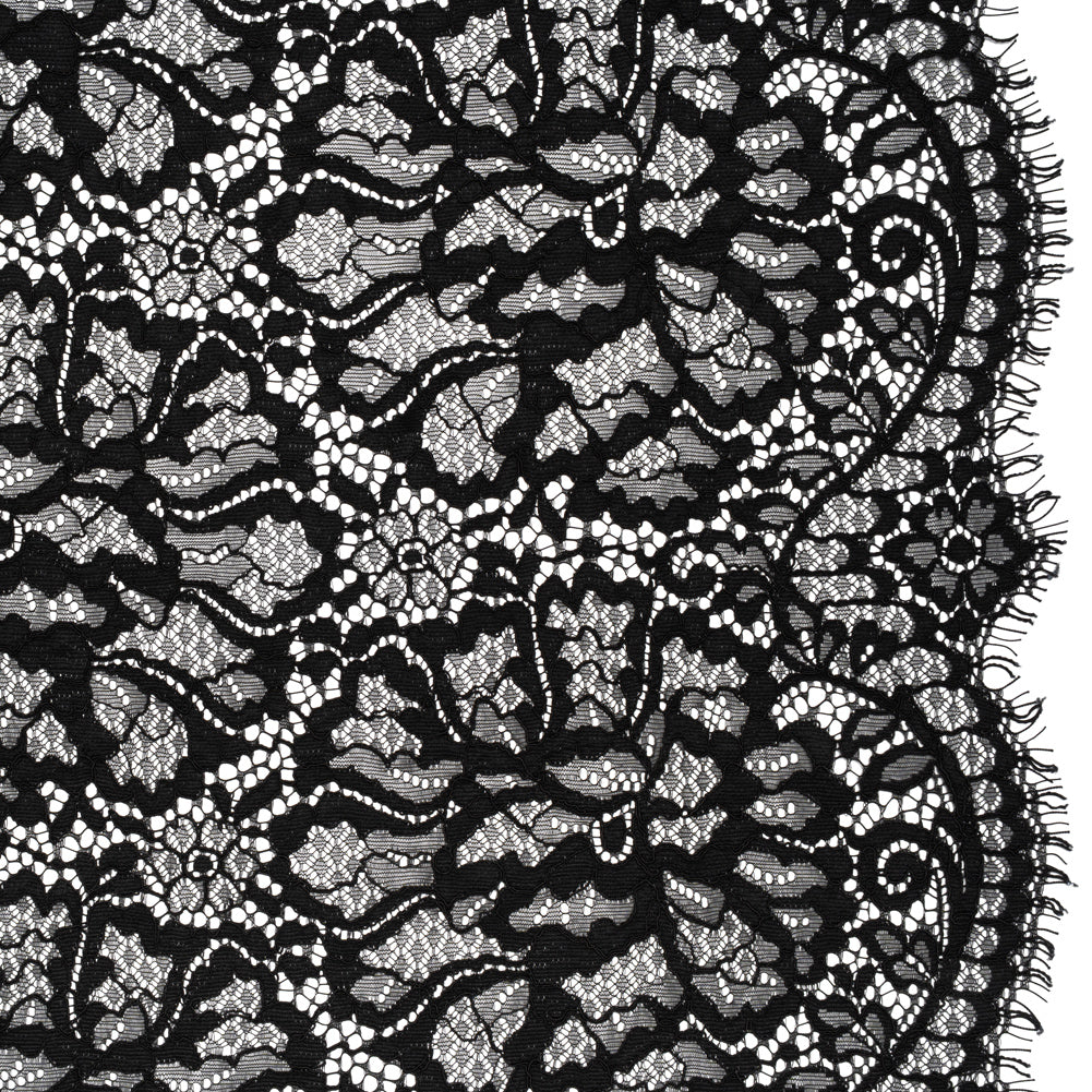 Corded Raschel Lace Panel with Finished Edges - Black All-Over Flowers and Leaves Corded Raschel Lace Panel with Finished Edges - Black All-Over Flowers and Leaves