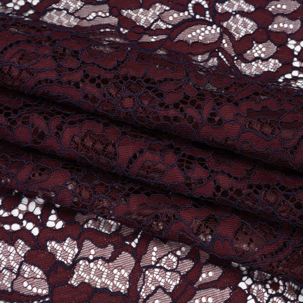 Corded Raschel Lace Panel with Finished Edges - Burgundy and Navy All-Over Flowers and Leaves Folded Corded Raschel Lace Panel with Finished Edges - Burgundy and Navy All-Over Flowers and Leaves Folded