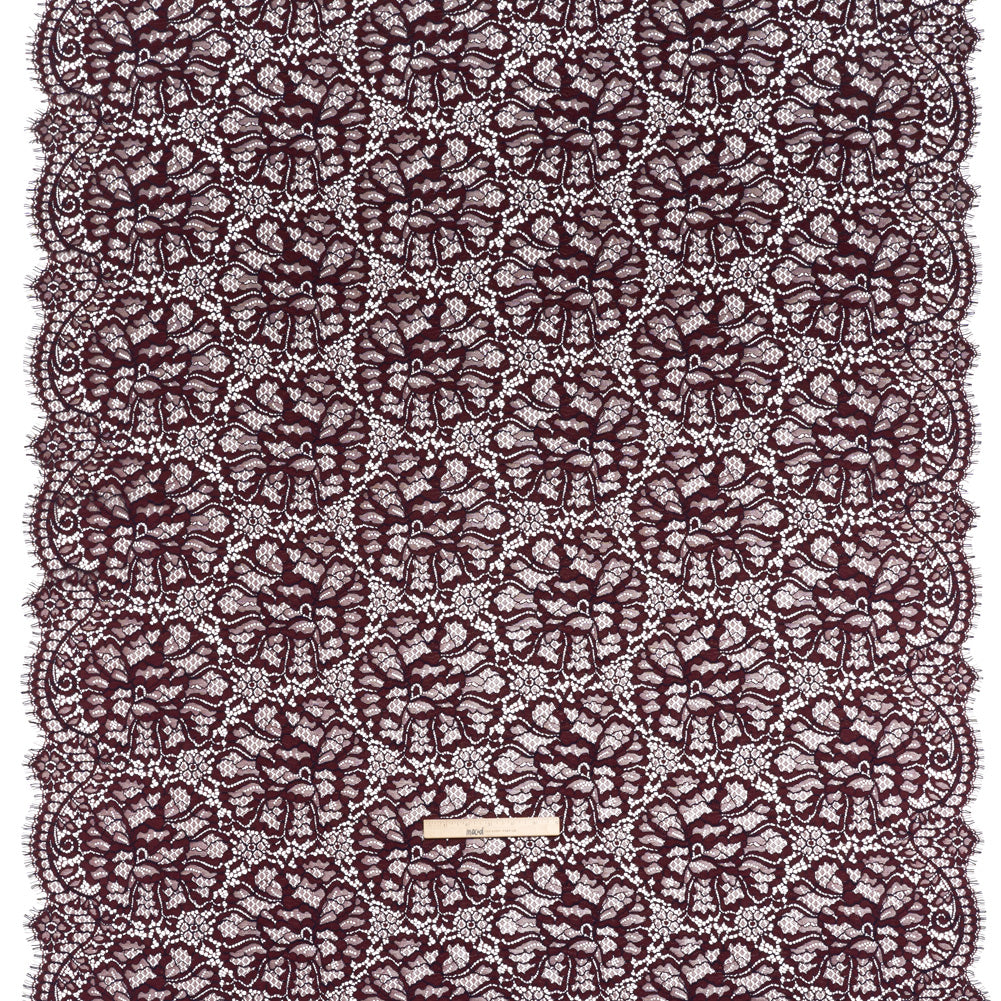 Corded Raschel Lace Panel with Finished Edges - Burgundy and Navy All-Over Flowers and Leaves Full Corded Raschel Lace Panel with Finished Edges - Burgundy and Navy All-Over Flowers and Leaves Full