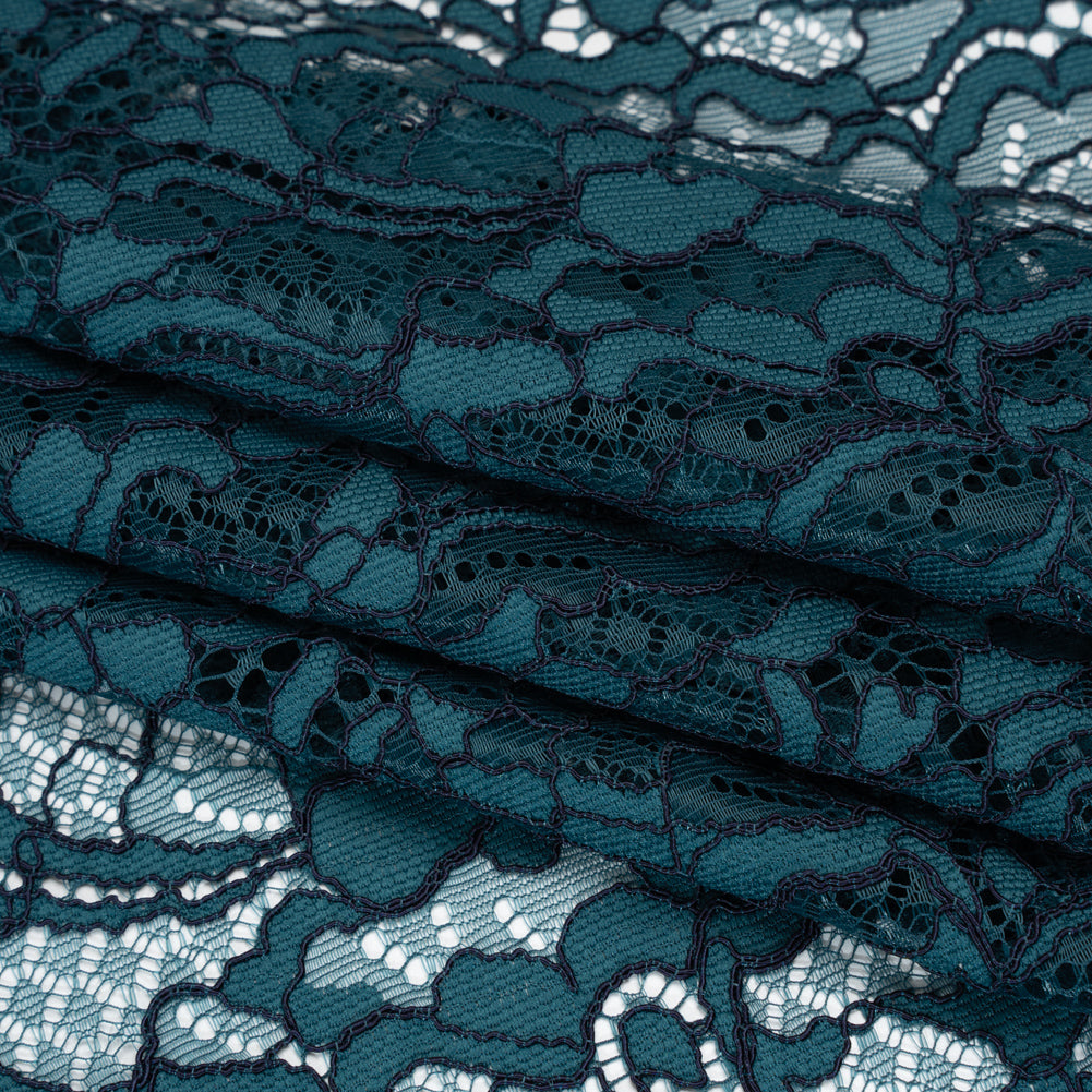 Corded Raschel Lace Panel with Finished Edges - Dark Teal and Navy All-Over Flowers and Leaves - Folded Corded Raschel Lace Panel with Finished Edges - Dark Teal and Navy All-Over Flowers and Leaves - Folded
