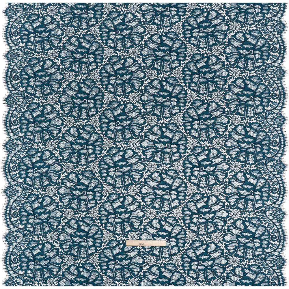 Corded Raschel Lace Panel with Finished Edges - Dark Teal and Navy All-Over Flowers and Leaves - Full Corded Raschel Lace Panel with Finished Edges - Dark Teal and Navy All-Over Flowers and Leaves - Full