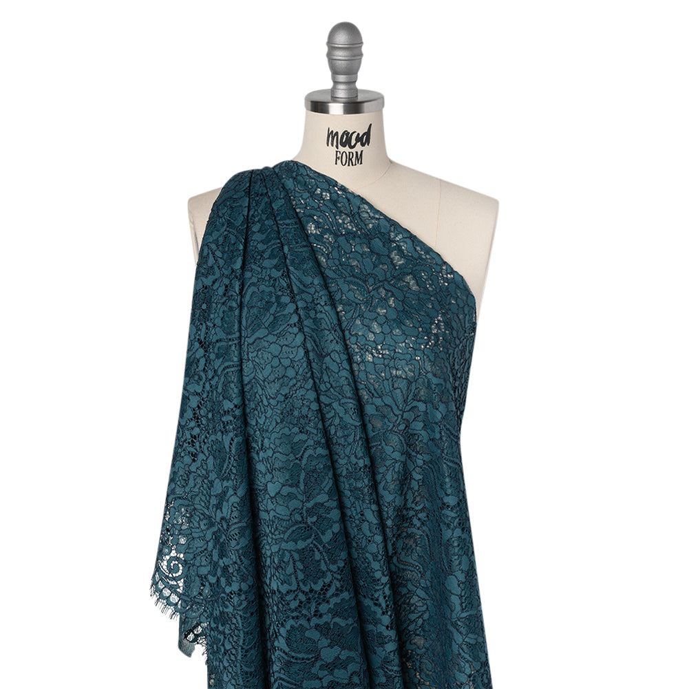 Corded Raschel Lace Panel with Finished Edges - Dark Teal and Navy All-Over Flowers and Leaves - Drape Corded Raschel Lace Panel with Finished Edges - Dark Teal and Navy All-Over Flowers and Leaves - Drape