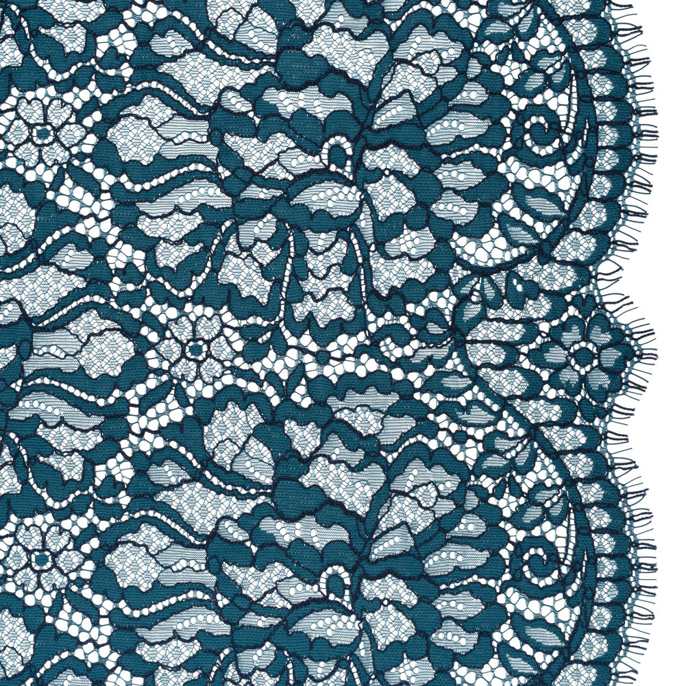 Corded Raschel Lace Panel with Finished Edges - Dark Teal and Navy All-Over Flowers and Leaves Corded Raschel Lace Panel with Finished Edges - Dark Teal and Navy All-Over Flowers and Leaves