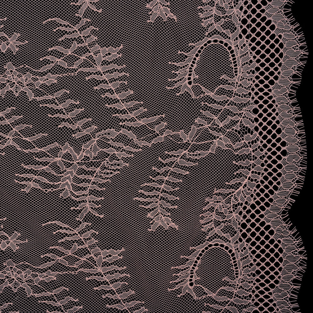 Raschel Lace Panel with Finished Edges - Blossom Pink Delicate Leafy Vines on Net Raschel Lace Panel with Finished Edges - Blossom Pink Delicate Leafy Vines on Net