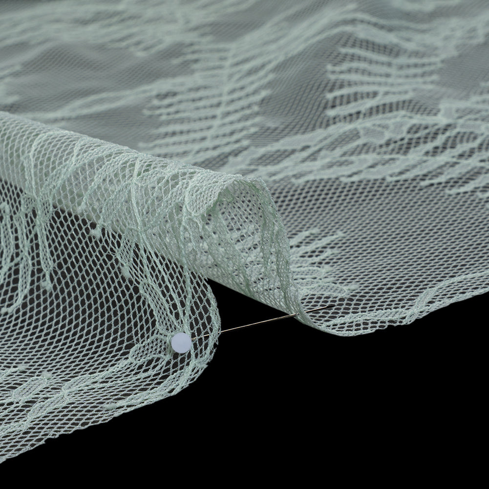 Raschel Lace Panel with Finished Edges - Dusty Aqua Delicate Leafy Vines on Net Detail Raschel Lace Panel with Finished Edges - Dusty Aqua Delicate Leafy Vines on Net Detail