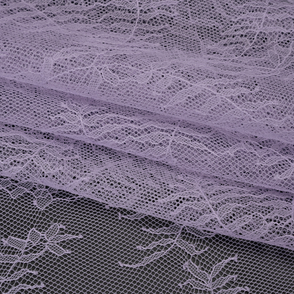 Raschel Lace Panel with Finished Edges - Lavender Delicate Leafy Vines on Net Raschel Lace Panel with Finished Edges - Lavender Delicate Leafy Vines on Net