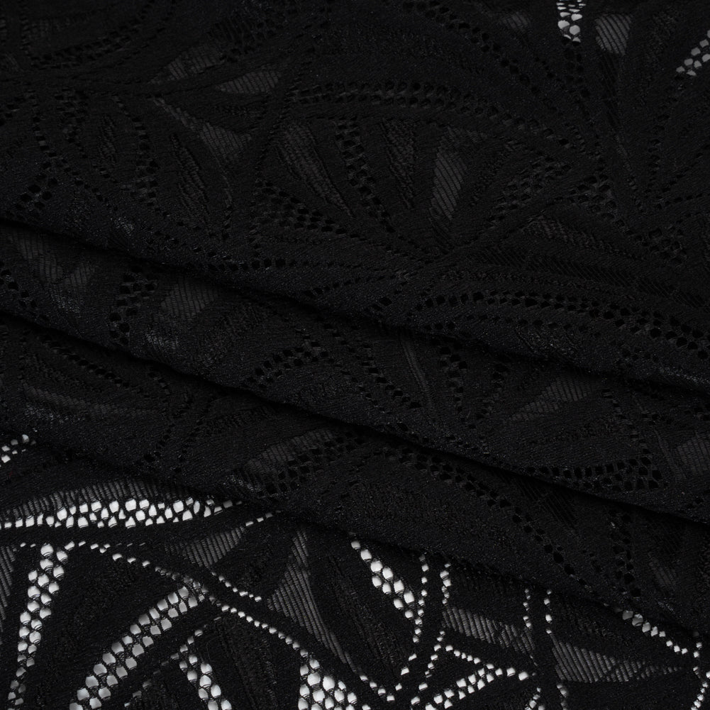 Stretch Raschel Lace with Finished Edges - Black Flying Fans - Folded Stretch Raschel Lace with Finished Edges - Black Flying Fans - Folded