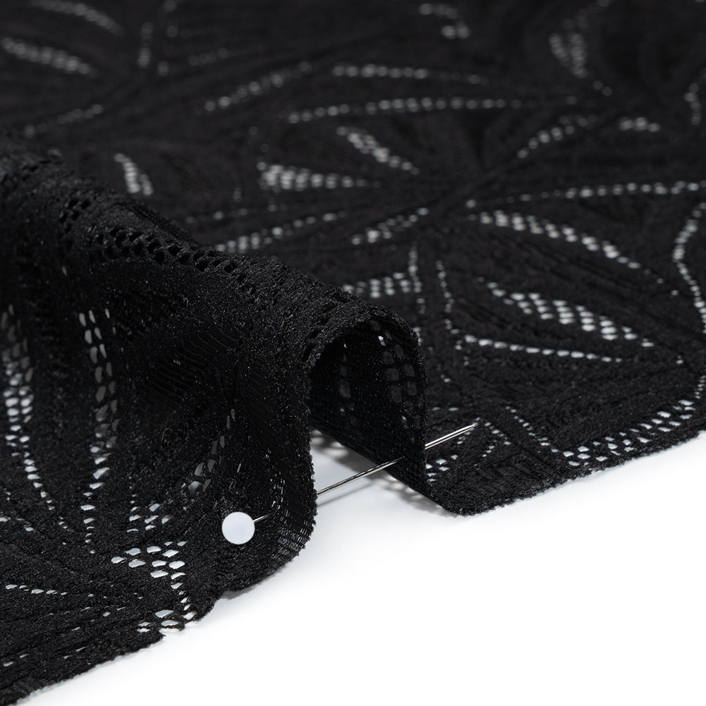 Stretch Raschel Lace with Finished Edges - Black Flying Fans - Detail Stretch Raschel Lace with Finished Edges - Black Flying Fans - Detail