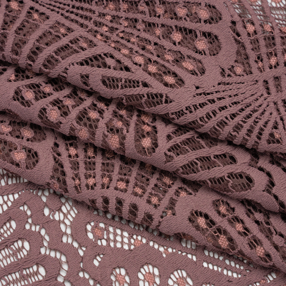 Stretch Raschel Lace with Finished Edges - Old Rose and Salmon Shell Fans - Folded Stretch Raschel Lace with Finished Edges - Old Rose and Salmon Shell Fans - Folded